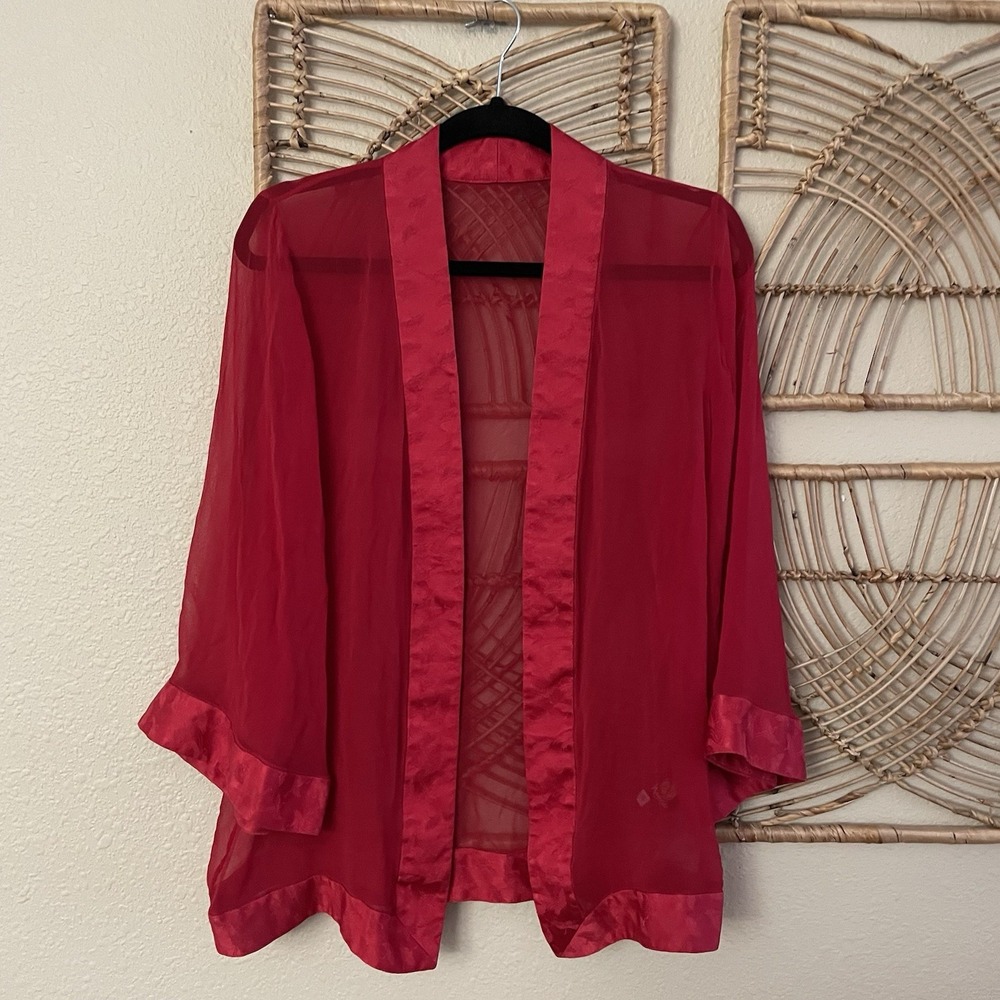 Anne Namba 100% Silk Kimono Cardigan Jacket Asian Crane Print Red Sz S B1